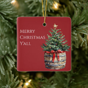 Western Christmas Tree in Barrel  Ceramic Ornament