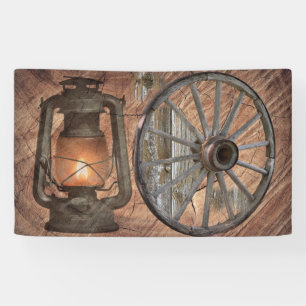 Western Coal Oil Lamp And Wagon Wheel Banner