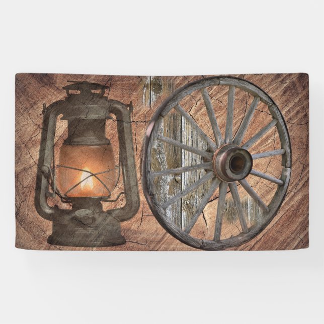 Western Coal Oil Lamp And Wagon Wheel Banner (Horizontal)