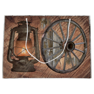 Western Coal Oil Lamp And Wagon Wheel Large Gift Bag