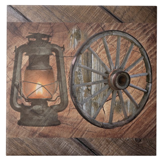 Western Coal Oil Lamp And Wagon Wheel Tile (Front)
