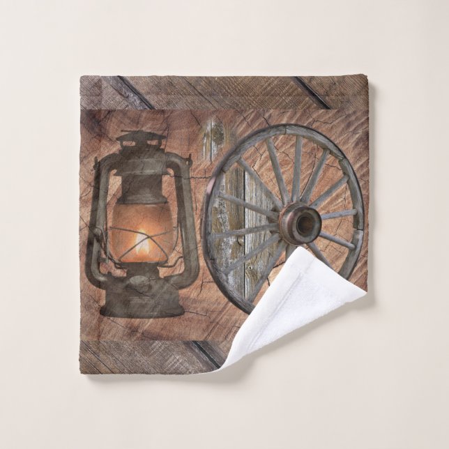 Western Coal Oil Lamp And Wagon Wheel Wash Cloth (Wash Cloth)