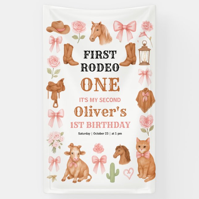 Western Coquette Cowgirl 1st Birthday Cute Pink Banner (Vertical)