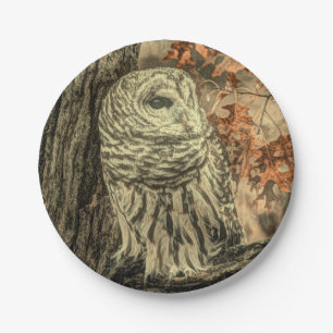 western country autumn leaves oak tree white owl paper plate