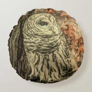 western country autumn leaves oak tree white owl round cushion
