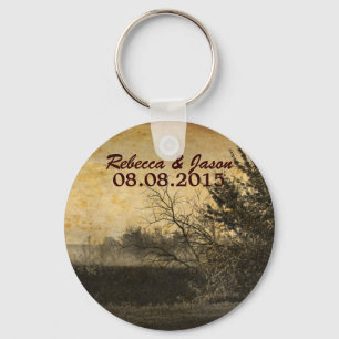 western country autumn trees rustic farm wedding key ring