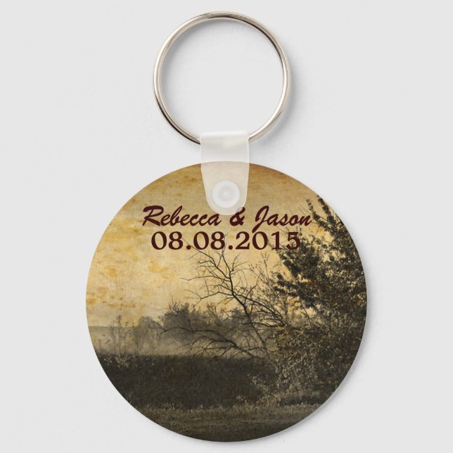western country autumn trees rustic farm wedding key ring (Front)