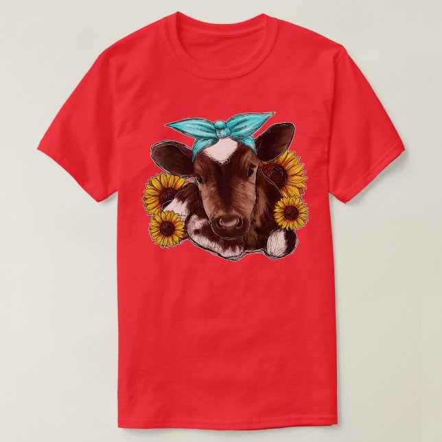 Western Country Baby Cow Calf With Sunflower Cow F T-Shirt (Design Front)