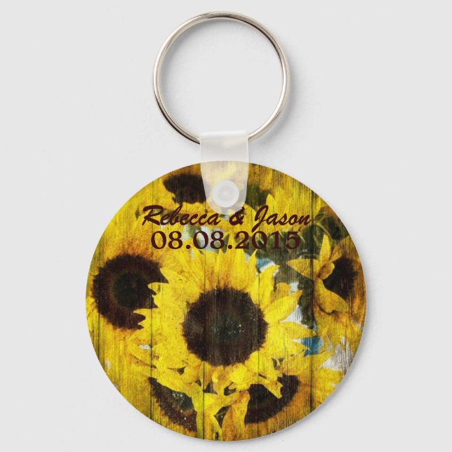 western country barn wood yellow sunflower wedding key ring (Front)