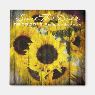 western country barn wood yellow sunflower wedding magnet