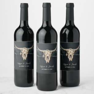 Western Country Beige Gray Rustic Bull Cow Skull Wine Label