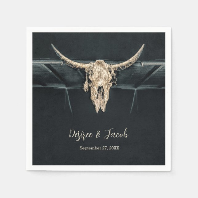Western Country Beige Grey Rustic Bull Cow Skull Napkin (Front)
