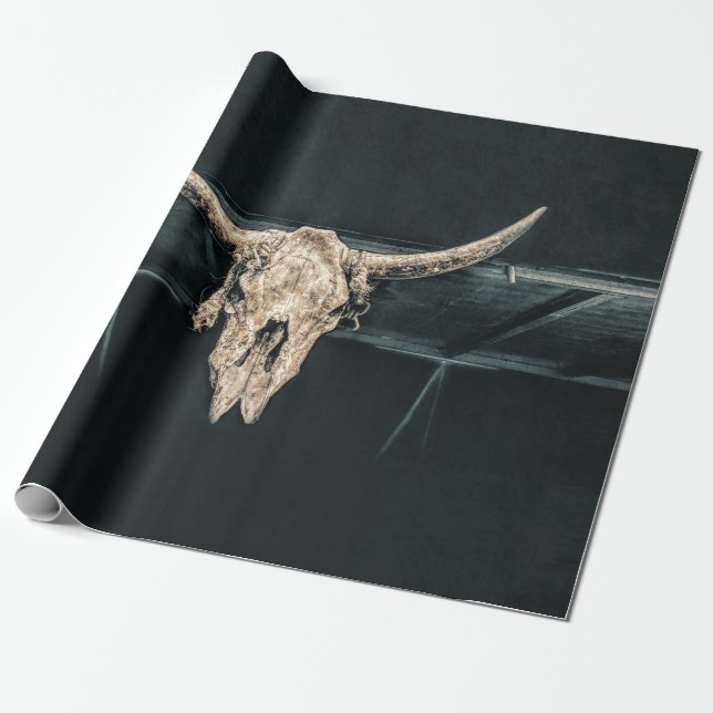 Western Country Beige Grey Rustic Bull Cow Skull Wrapping Paper (Unrolled)