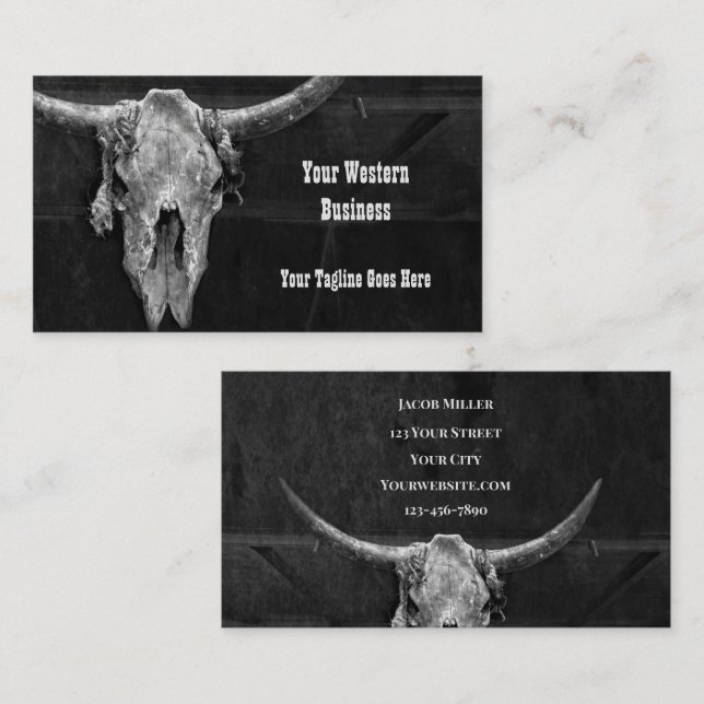 Western Country Black And White Cowboy Bull Skull Business Card (Front/Back)