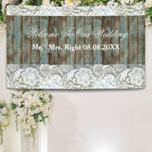 western country blue barn wood lace wedding banner