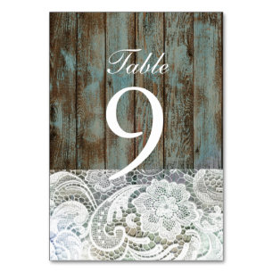 western country blue barn wood lace wedding table number