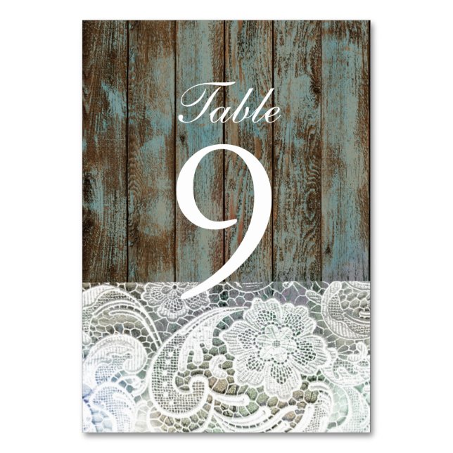 western country blue barn wood lace wedding table number (Front)