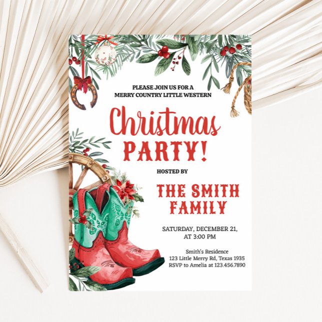 Western Country Boots Christmas Party Invitation (Country Boots Western Christmas Party Invitation)