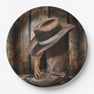 western country brown barn wood cowboy boots paper plate
