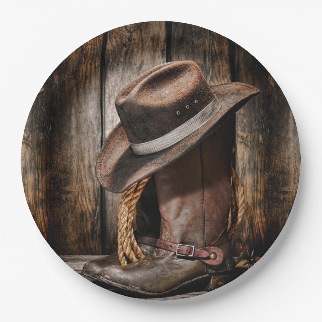 western country brown barn wood cowboy boots paper plate (Front)