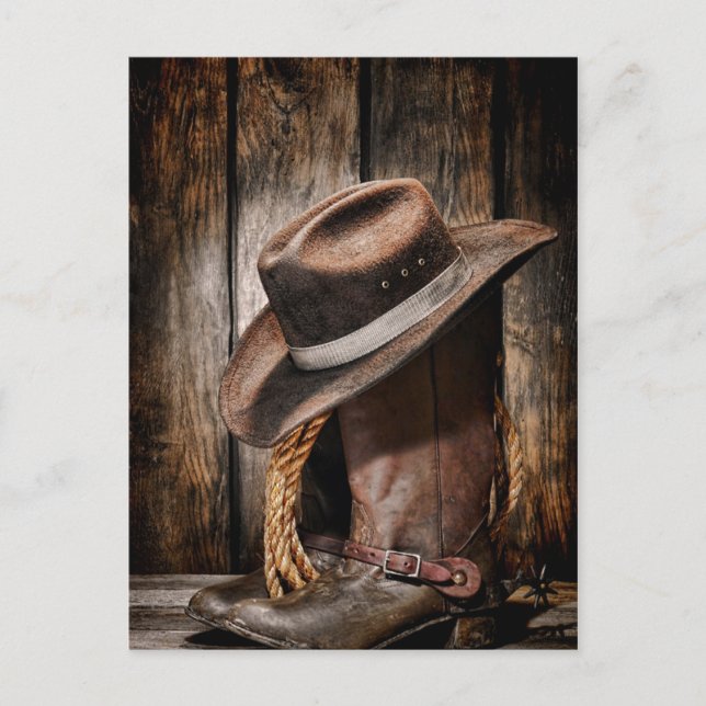 western country brown barn wood cowboy boots postcard (Front)