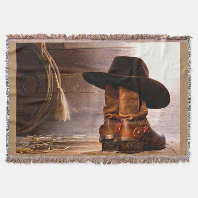 western country brown barn wood cowboy boots throw blanket (Front)