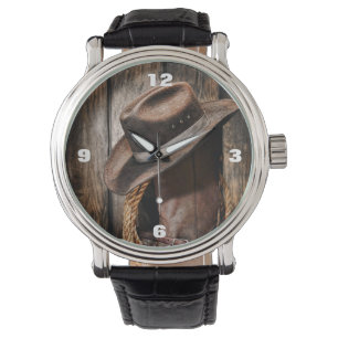 western country brown barn wood cowboy boots watch