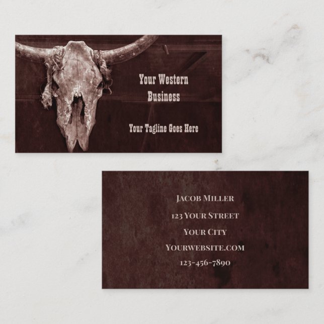 Western Country Brown Rustic Cowboy Bull Cow Skull Business Card (Front/Back)