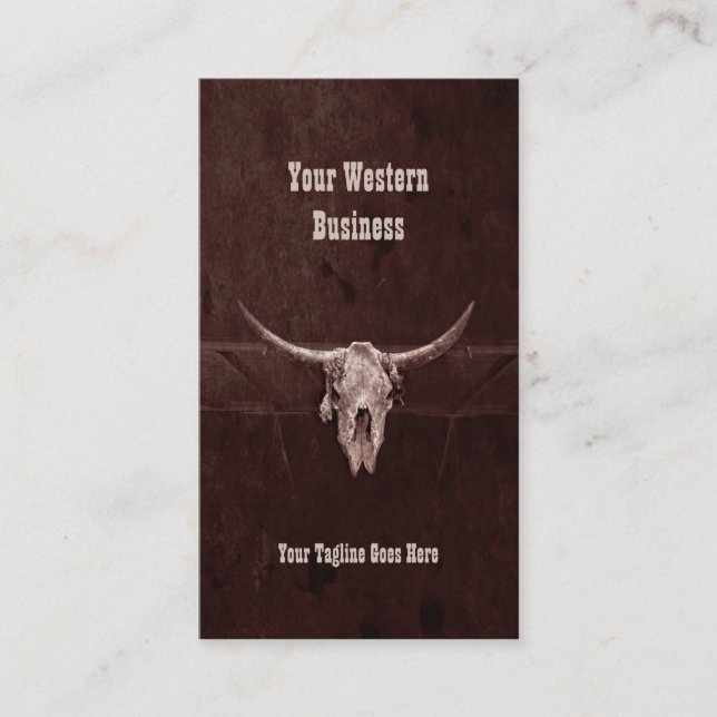 Western Country Brown Rustic Cowboy Bull Skull Business Card (Front)