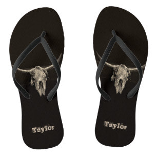 Western Country Bull Skull Rustic Brown Antique Flip Flops