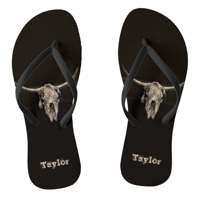 Western Country Bull Skull Rustic Brown Antique Flip Flops (Footbed)