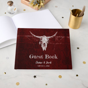 Western Country Burgundy Rustic Bull Skull Texture Guest Book