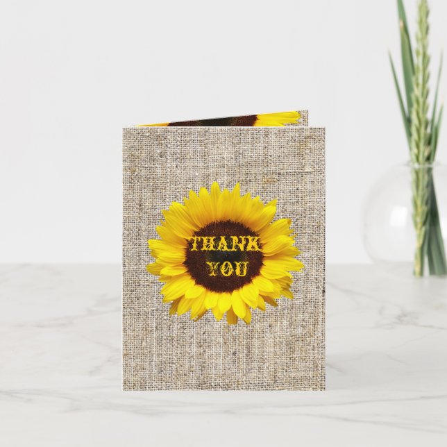 Western Country Burlap Sunflower Wedding thank you Card (Front)