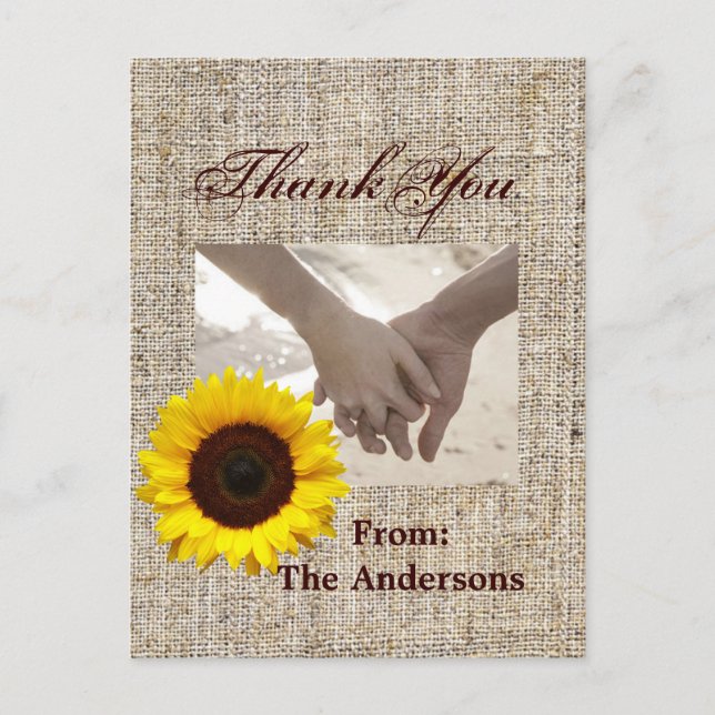 Western Country Burlap Sunflower Wedding thank you Postcard (Front)
