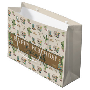 Western Country Cactus Boots Name Happy Birthday Large Gift Bag