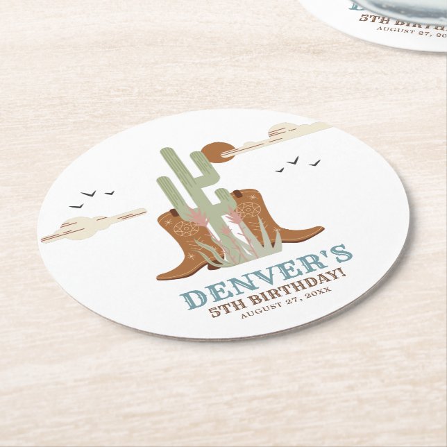 Western Country Cowboy Birthday Rustic  Round Paper Coaster (Angled)