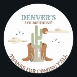 Western Country Cowboy Birthday Thank You Favour Classic Round Sticker<br><div class="desc">Western Country Cowboy Birthday Thank You Favour Classic Round Sticker. Add a little extra flair to your Western Cowboy Theme Party with these custom-designed party favour thank you stickers! Check out Cowboy Party Collection for more matching items. Personalise your today!</div>