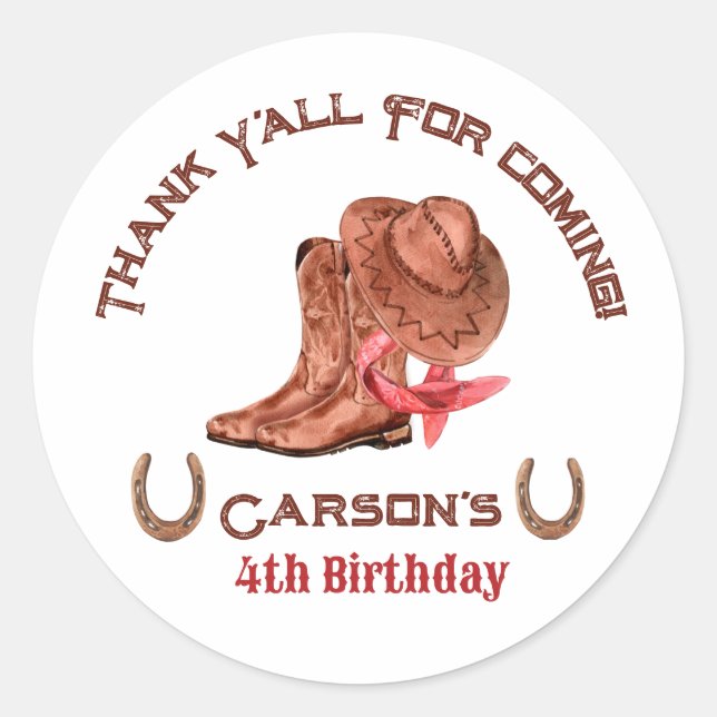 Western Country Cowboy Birthday Thank You Favour  Classic Round Sticker (Front)