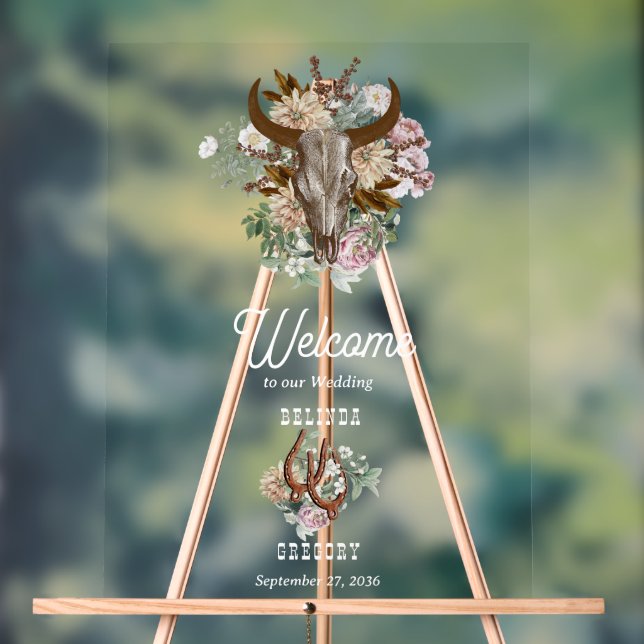 Western Country Cowboy Boho Cow Skull Wedding Acrylic Sign (Neutral)