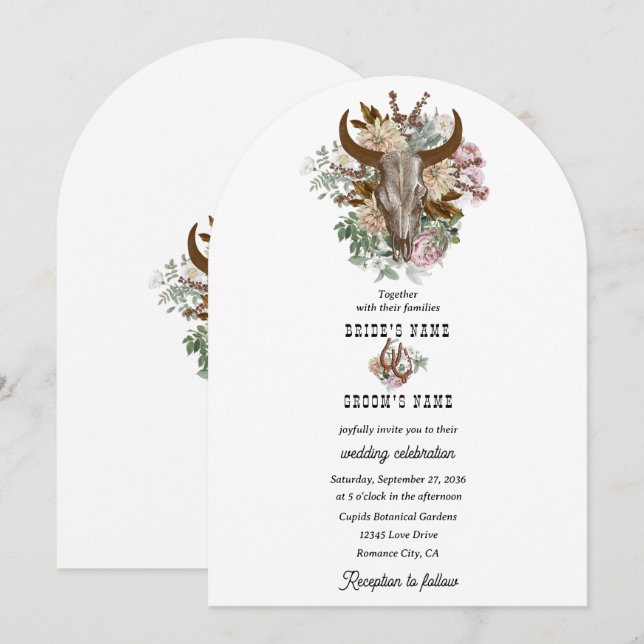 Western Country Cowboy Boho Cow Skull Wedding Invitation (Front/Back)