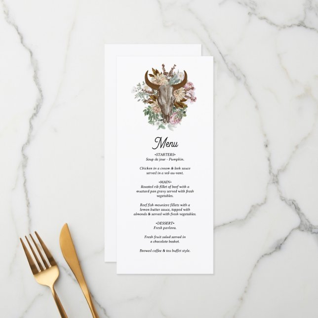 Western Country Cowboy Boho Cow Skull Wedding Menu (Front/Back In Situ)