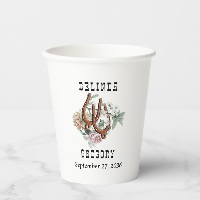 Western Country Cowboy Boho Cow Skull Wedding Paper Cups (Front)
