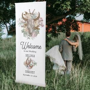 Western Country Cowboy Boho Cow Skull Wedding Retractable Banner