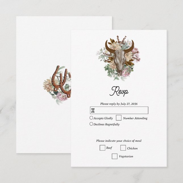 Western Country Cowboy Boho Cow Skull Wedding RSVP Card (Front/Back)
