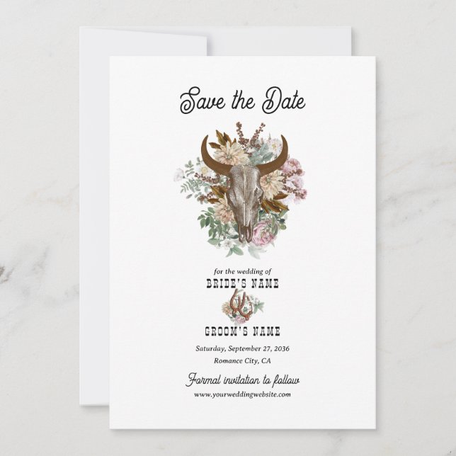 Western Country Cowboy Boho Cow Skull Wedding Save The Date (Front)