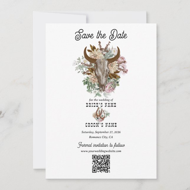 Western Country Cowboy Boho Cow Skull Wedding Save The Date (Front)
