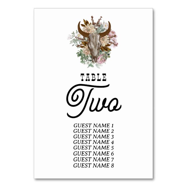 Western Country Cowboy Boho Cow Skull Wedding Table Number (Front)