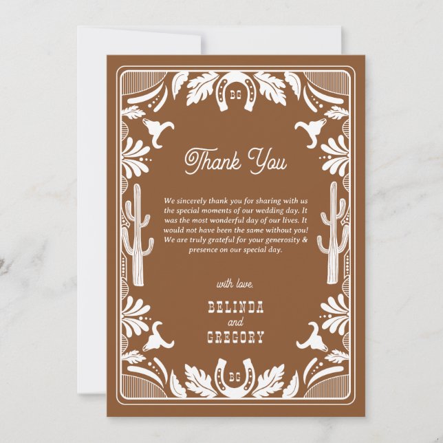 Western Country Cowboy Rustic Wedding Brown Thank You Card (Front)