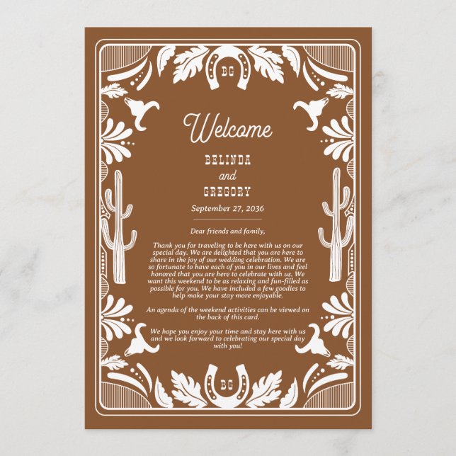 Western Country Cowboy Wedding Brown Itinerary Programme (Front)