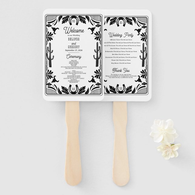Western Country Cowboy Wedding Order of Service Hand Fan (Front and Back)